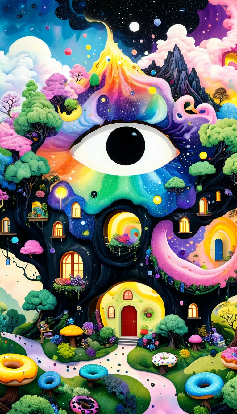 Strong visual fusion of multiple elements，Broto，来自Star的艺术家，Colorful black，Dopamine color scheme，Colored donuts、树洞里的Star、cloud、House in the trees、Eye、Stash、Tentacles，Describing the inner world of autistic people，(密集Pointillism method)。Smooth lines。interesting，Strange illustration。Pointillism method。Strong contrast。Award-winning works。