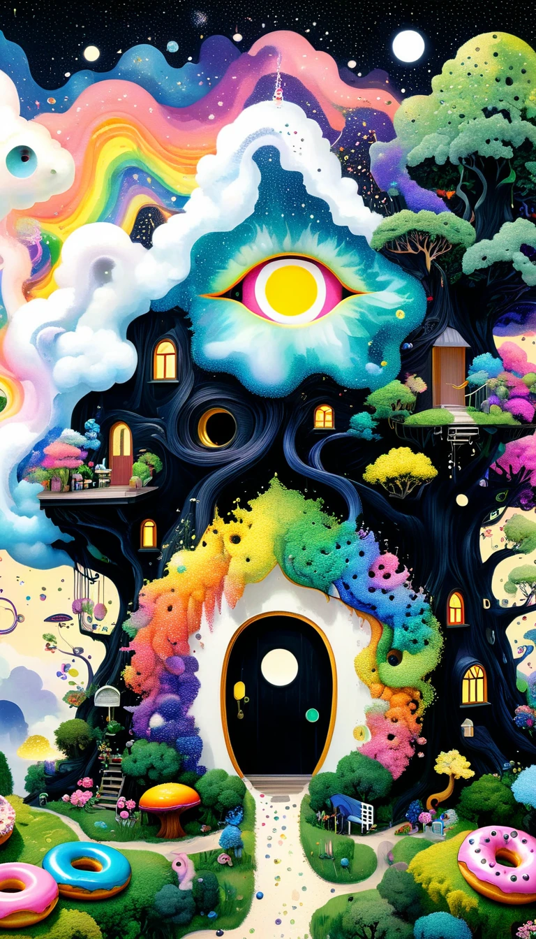 Strong visual fusion of multiple elements,Broto,来自Star的艺术家,Colorful black,Dopamine color scheme,Colored donuts、树洞里的Star、cloud、House in the trees、Eye、Stash、Tentacles,Describing the inner world of autistic people,(密集Pointillism method)。Smooth lines。interesting,Strange illustration。Pointillism method。Strong contrast。Award-winning works。