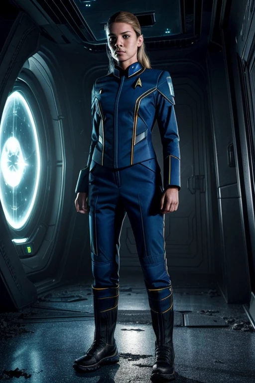 concept art, (Sadie Wilkinson wearing a Star Trek uniform, focused gaze, wielding a futuristic scanning device), (exploring a derelict alien spaceship, dark corridors, flickering lights, mysterious artifacts), (atmospheric, highly detailed, high contrast lighting, professional, Space Exploration Adventure, trending on DeviantArt), by Dan LuVisi and Michael Whelan and Wayne Barlowe