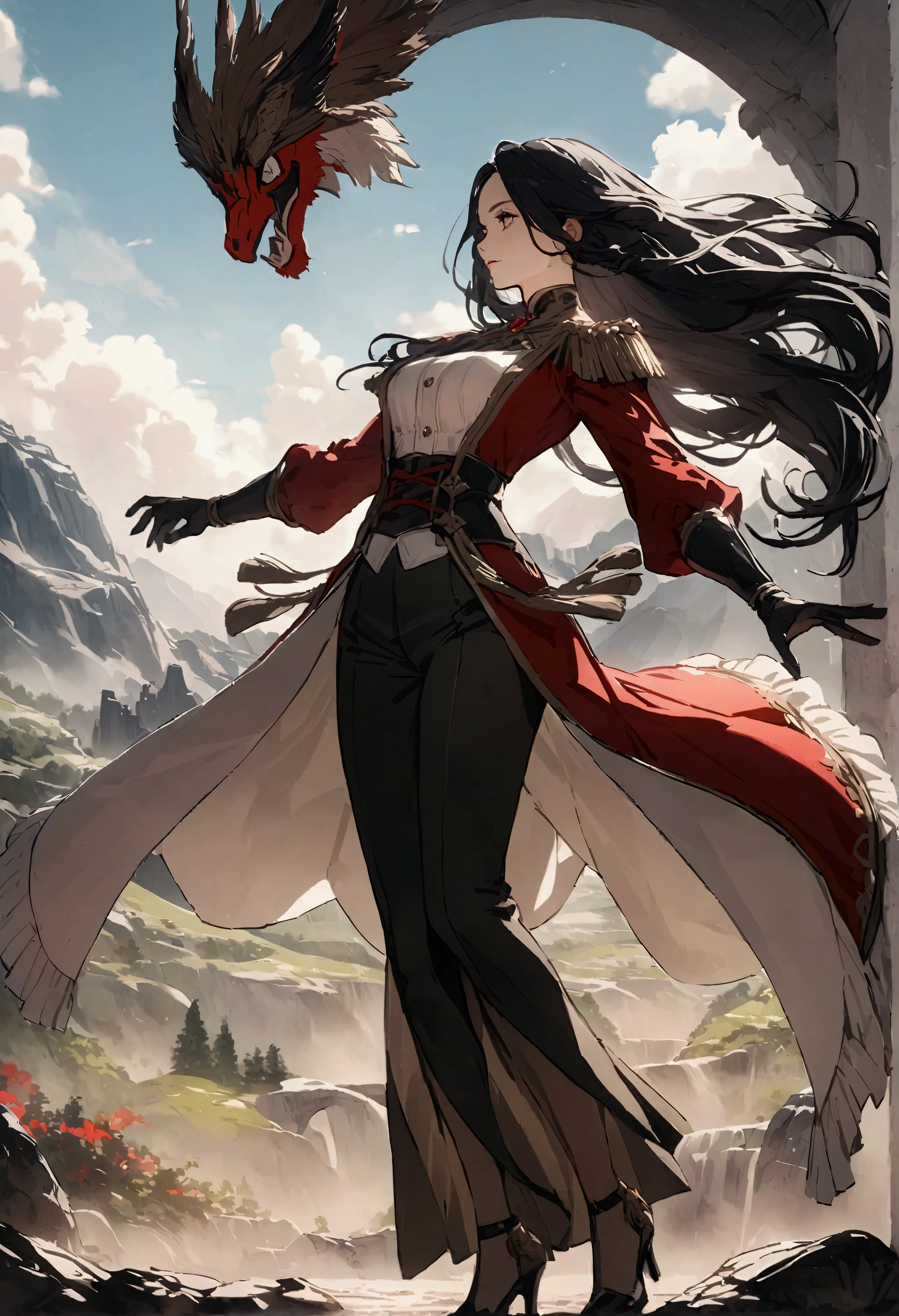 Sabre，Long hair，，High heel。Handsome，woman，The background is a valley