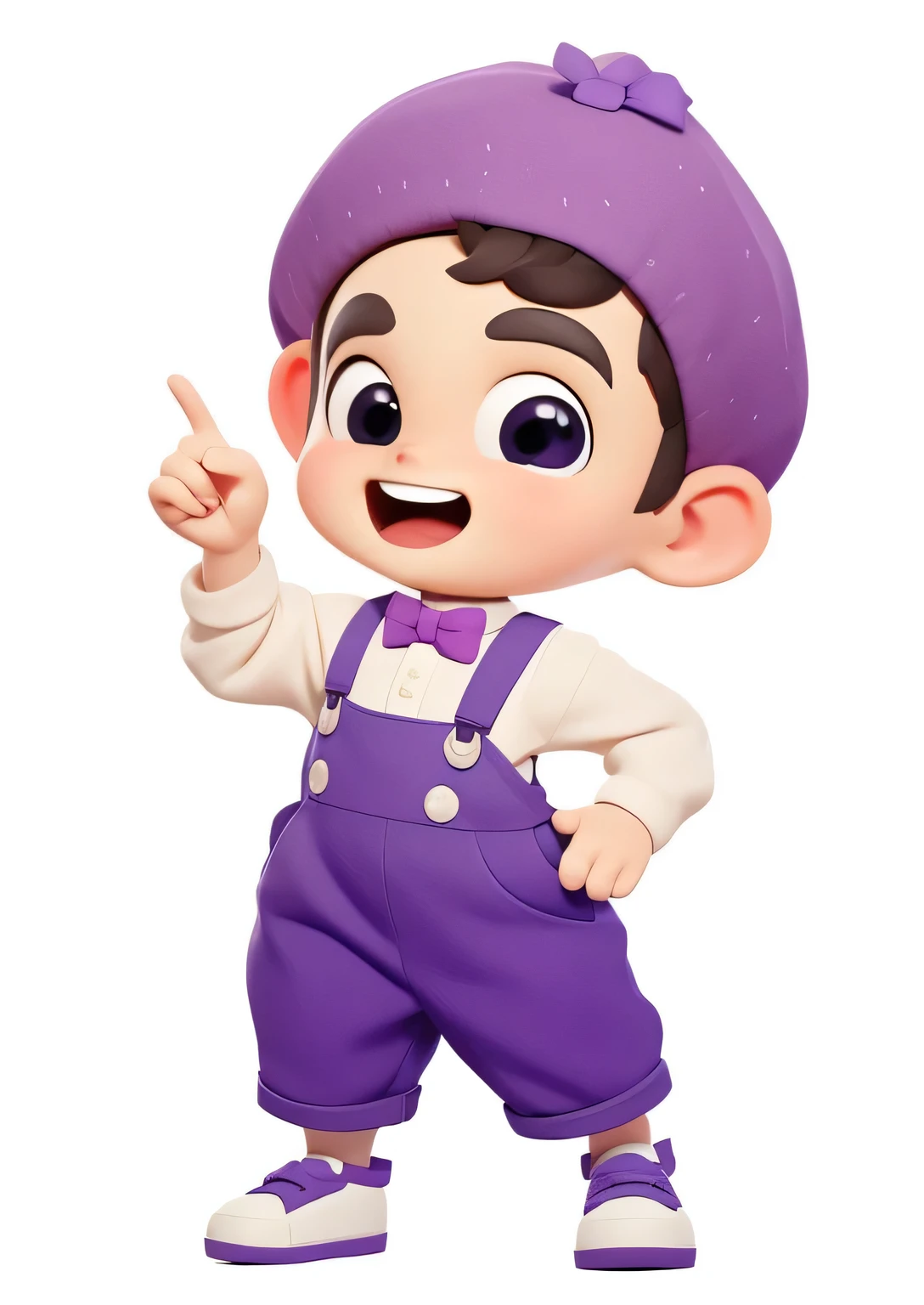 whole body、《Q version boy》、Embody the image of blueberry purple in clothing、Blueberry Big Hat、Blueberry hat、Blueberry Hat、Purple fittings、bow tie、Super happy、Smile、Lively and cute boy、One hand crosses the waist、cute shoes、(dwarf:1.2)、index finger、Brown eyes、big eyes、Delicate and bright eyes、braid、big ear、Clear finger details、The fingers are clearly defined、Hand super detail、Overalls、Blind Box Toys、Pixar style、give him a smile、Put a sweet smile on his face、3D Rendering、