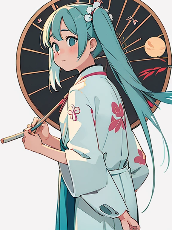 (masterpiece、top quality、top quality、official art、beautiful beautiful:1.2)、(1 girl:1.3)Hatsune Miku、beautiful breasts、two tails、amazing笑顔、very detailed、16 year old girl,Summer white dress,1sticker,directory,(sticker,1 girl,Chinese clothing of the Ming Dynasty,Gorgeous collared top,pleated long skirt,Hanfu,embroidery,hairpin,bamboo,moon,Pavilion), watercolor,White background, simple back dress, cent, amazing, small, pastel color, vector style, Not classified,background classic chinese style