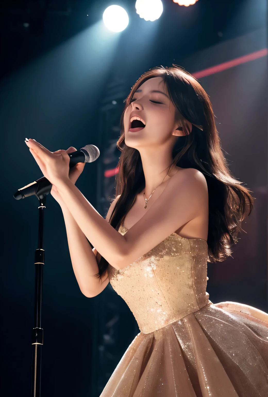 Create a realistic image of a singer on stage, prominently featured, wearing an elegant dress, singing passionately. Behind her, a musical group is in shadow, illuminated only slightly by stage lights. The stage is enveloped in a light mist, creating a magical and intimate atmosphere. Use dramatic lighting to highlight the singer and softly illuminate the band members.