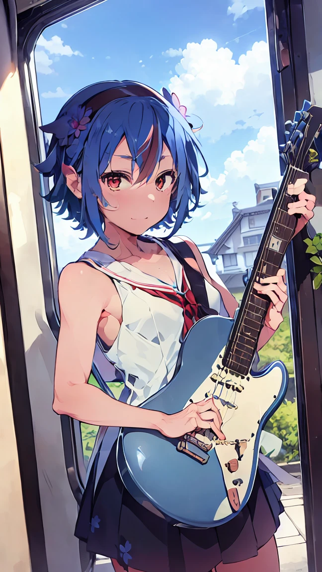 masterpiece, Highest quality, High resolution, Very detailed,(((Mikoto Naruka))), (((station)))、(((blue flower)))、(((train)))、(((blue sky)))、(((I have an electric guitar。)))