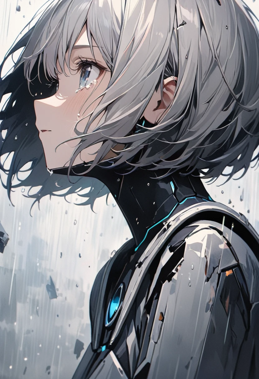 (8k, Highest quality)、Ultra-high resolution、Adorable、Highest quality, beautiful, Absurd beauty、masterpiece、Best image quality、Rainy old background,Broken Android,A sad and poignant work,Grey World,An android girl who still believes despite being abandoned by humans.close-up,Looking up at the sky,profile,Short Hair,cute,The rain hits my face and looks like tears