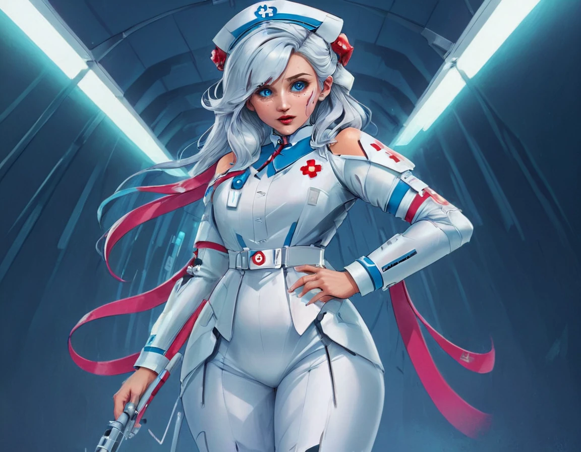 a picture of mech nurse in a futuristic hospital, exquisite beautiful nurse,  dynamic hair style, ((full body shot: 1.5)), ((anatomically correct: 1.5)), (ultra detailed face: 1.2), best detailed face, wearing white nurse robes, white pants, white high heels, delicate mechanical parts, she holds a syringe, cyberpunk hospital background, vibrant, Hyperrealism style, vibrant, Ultra-high resolution, High Contrast, (masterpiece:1.5), highest quality, Best aesthetics), best details, best quality, highres, ultra wide angle, 16k, [ultra detailed], masterpiece, best quality, (extremely detailed) RAW, mecha