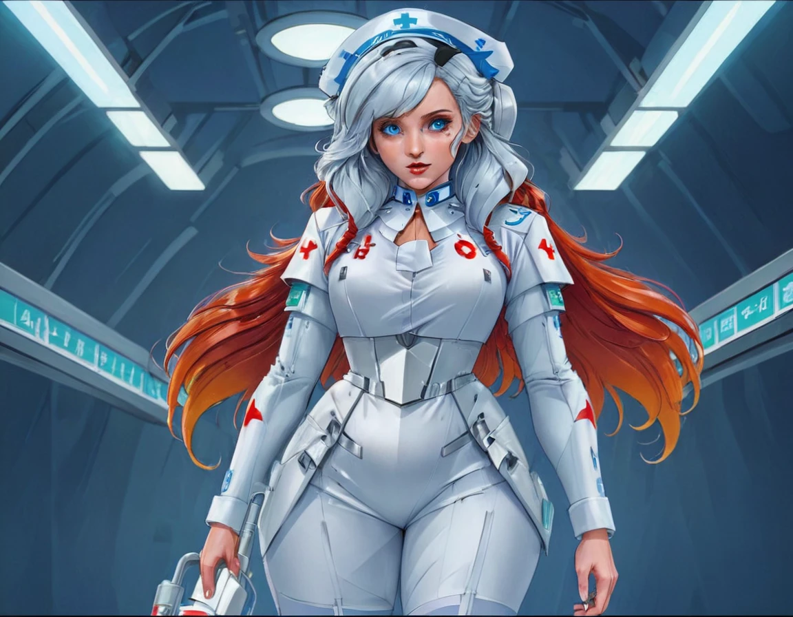 a picture of mech nurse in a futuristic hospital, exquisite beautiful nurse,  dynamic hair style, ((full body shot: 1.5)), ((anatomically correct: 1.5)), (ultra detailed face: 1.2), best detailed face, wearing white nurse robes, white pants, white high heels, delicate mechanical parts, she holds a syringe, cyberpunk hospital background, vibrant, Hyperrealism style, vibrant, Ultra-high resolution, High Contrast, (masterpiece:1.5), highest quality, Best aesthetics), best details, best quality, highres, ultra wide angle, 16k, [ultra detailed], masterpiece, best quality, (extremely detailed) RAW, mecha