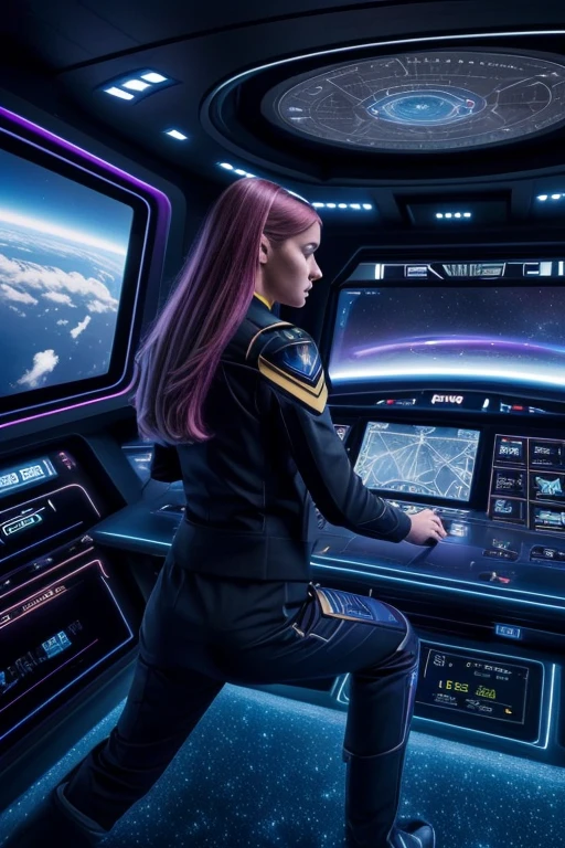 digital painting, (Sadie Wilkinson wearing a Star Trek uniform, determined stance, using a touchscreen interface), (inside a sleek starship bridge, panoramic views of deep space, multi-colored nebulae), (vivid colors, sharp focus, intricate textures, professional, Futuristic Sci-Fi, trending on CGSociety), by John Harris and Chris Foss and John Eaves