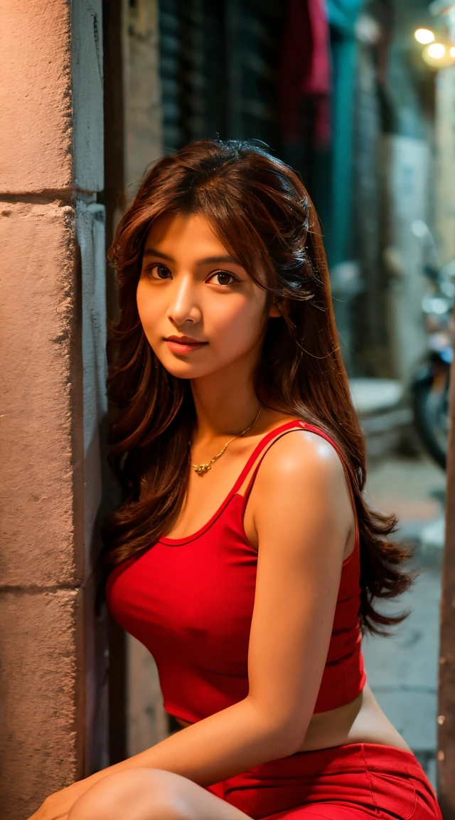 Realistic photos of (1 cute Indian star) hair over shoulder,, 32 inch breasts size, red tank top, pants, pants, sitting in alley, night, close-up, Canon, UHD