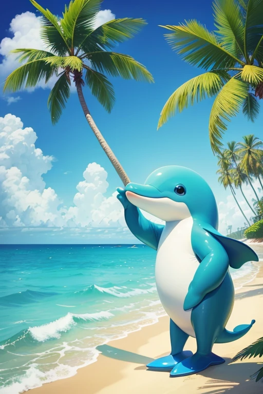 Illustration for a children's book, cheerful dolphin in the sea, bright green palm trees