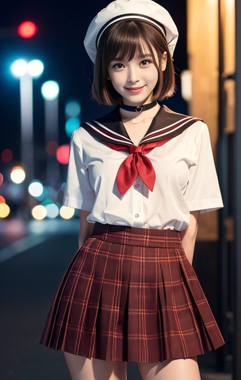 (1 gorgeous Asian women, age 28, standing with natural pose, at Tokyo Tower, night sky. She's dressed in Japanese JK Uniform, Serafuku, Seifuku, Sailor Uniform, silver neck choker, white blouse, sailor-style collar, pleated skirt, Buttons, Red Ribbon, Red Bolo Tie, Striped Necktie, Red Neckerchief, Red Bow, Sailor Hat, Western-style plaid skirt, knee-high socks, beautiful detailed face, beautiful detailed eyes, dimpled smile, kind & friendly smile, short bob hair, ponytail, cute snaggletooth, ample round bosom, Fit & Healthy body proportion, photorealistic, hyper-realism, high contrast, ultra HD, realistic skin textures, top image quality, top-quality, super high resolution, fine details, very meticulously, bokeh background, full_body_shot, vivid colours, masterpiece) #aliceinborderland