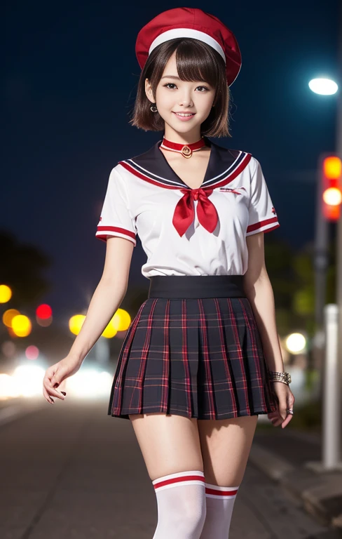 (1 gorgeous Asian women, age 28, standing with natural pose, at Tokyo Tower, night sky. She's dressed in Japanese JK Uniform, Serafuku, Seifuku, Sailor Uniform, silver neck choker, white blouse, sailor-style collar, pleated skirt, Buttons, Red Ribbon, Red Bolo Tie, Striped Necktie, Red Neckerchief, Red Bow, Sailor Hat, Western-style plaid skirt, knee-high socks, beautiful detailed face, beautiful detailed eyes, dimpled smile, kind & friendly smile, short bob hair, ponytail, cute snaggletooth, ample round bosom, Fit & Healthy body proportion, photorealistic, hyper-realism, high contrast, ultra HD, realistic skin textures, top image quality, top-quality, super high resolution, fine details, very meticulously, bokeh background, full_body_shot, vivid colours, masterpiece) #aliceinborderland