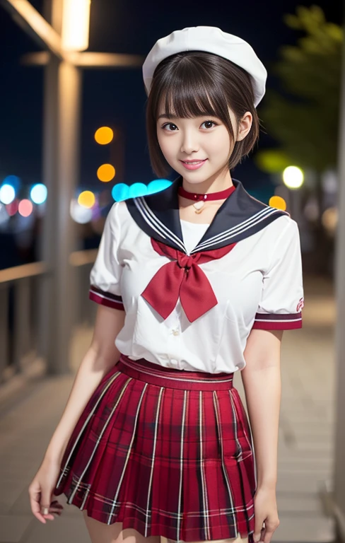 (1 gorgeous Asian women, age 28, standing with natural pose, at Tokyo Tower, night sky. She's dressed in Japanese JK Uniform, Serafuku, Seifuku, Sailor Uniform, silver neck choker, white blouse, sailor-style collar, pleated skirt, Buttons, Red Ribbon, Red Bolo Tie, Striped Necktie, Red Neckerchief, Red Bow, Sailor Hat, Western-style plaid skirt, knee-high socks, beautiful detailed face, beautiful detailed eyes, dimpled smile, kind & friendly smile, short bob hair, ponytail, cute snaggletooth, ample round bosom, Fit & Healthy body proportion, photorealistic, hyper-realism, high contrast, ultra HD, realistic skin textures, top image quality, top-quality, super high resolution, fine details, very meticulously, bokeh background, full_body_shot, vivid colours, masterpiece) #aliceinborderland