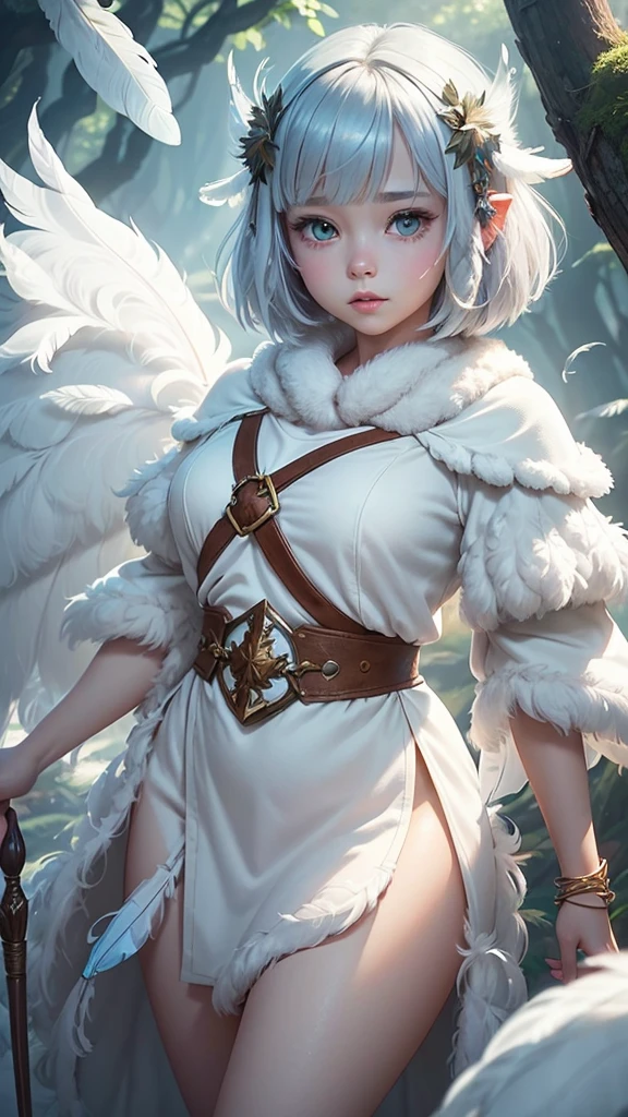 A girl who appeared from a fantastical forest、High angle、Bobcut、(A white round neck poncho combined with fluffy feathers:1.2)、(Fantasy fluffy feathers:1.6)、(((Shine))) 、Candy Color、crystal、Sharp focus、Lighting by world-class AI creators、Very detailed、Beautiful graphics、Digital Art