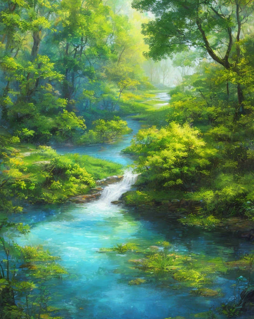 (High resolution:1.1), Highest quality, (masterpiece:1.2), Vibrant colors, Digital Painting, Dense forest, water, Natural Beauty, An oasis of peace