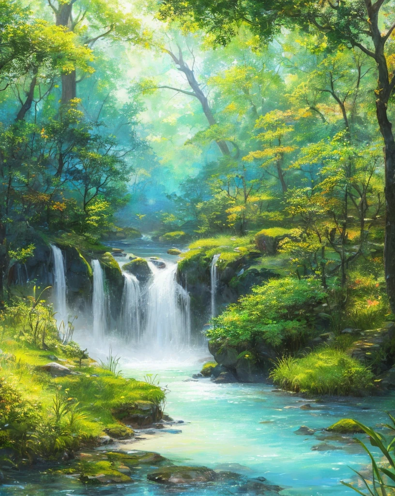 (High resolution:1.1), Highest quality, (masterpiece:1.2), Vibrant colors, Digital Painting, Dense forest, water, Natural Beauty, An oasis of peace