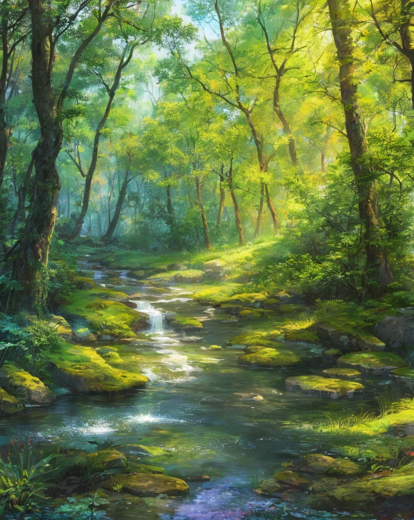 (High resolution:1.1), Highest quality, (masterpiece:1.2), Vibrant colors, Digital Painting, Dense forest, water, Natural Beauty, An oasis of peace