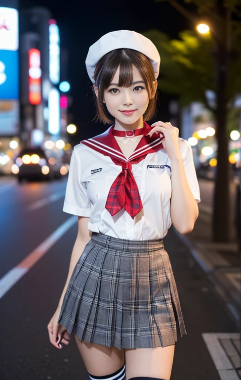 (1 gorgeous Asian women, age 30s, standing with natural pose, at Tokyo Tower, night sky. She's dressed in Japanese JK Uniform, Serafuku, Seifuku, Sailor Uniform, silver neck choker, white blouse, sailor-style collar, pleated skirt, Buttons, Red Ribbon, Red Bolo Tie, Striped Necktie, Red Neckerchief, Red Bow, Sailor Hat, Western-style plaid skirt, knee-high socks, beautiful detailed face, beautiful detailed eyes, dimpled smile, kind & friendly smile, short bob hair, ponytail, cute snaggletooth, ample round bosom, Fit & Healthy body proportion, photorealistic, hyper-realism, high contrast, ultra HD, realistic skin textures, top image quality, top-quality, super high resolution, fine details, very meticulously, bokeh background, full_body_shot, vivid colours, masterpiece) #aliceinborderland