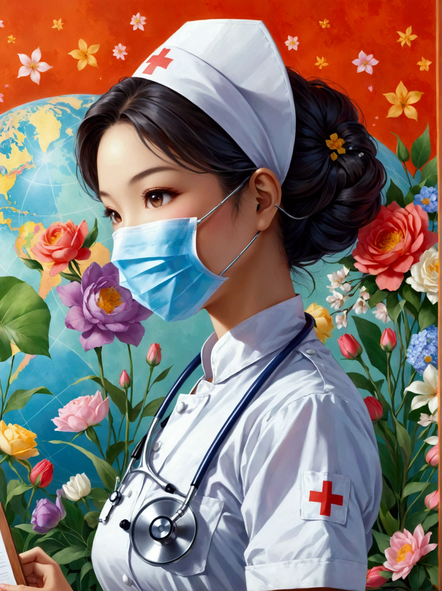 A scene in honor of International Women's Day featuring a nurse. The nurse is an Asian woman, standing bravely with a mask and glove, symbolizing the frontline workers during the global pandemic. She wears a traditional white uniform, her hair is neatly tied back, and she has a compatible stethoscope around her neck. In her hand is a clipboard, indicating her duty to monitor the health of patients. The background is filled with symbols of womanhood and empowerment, including the international women's day logo, and a globe representing global unity and support for women's rights.