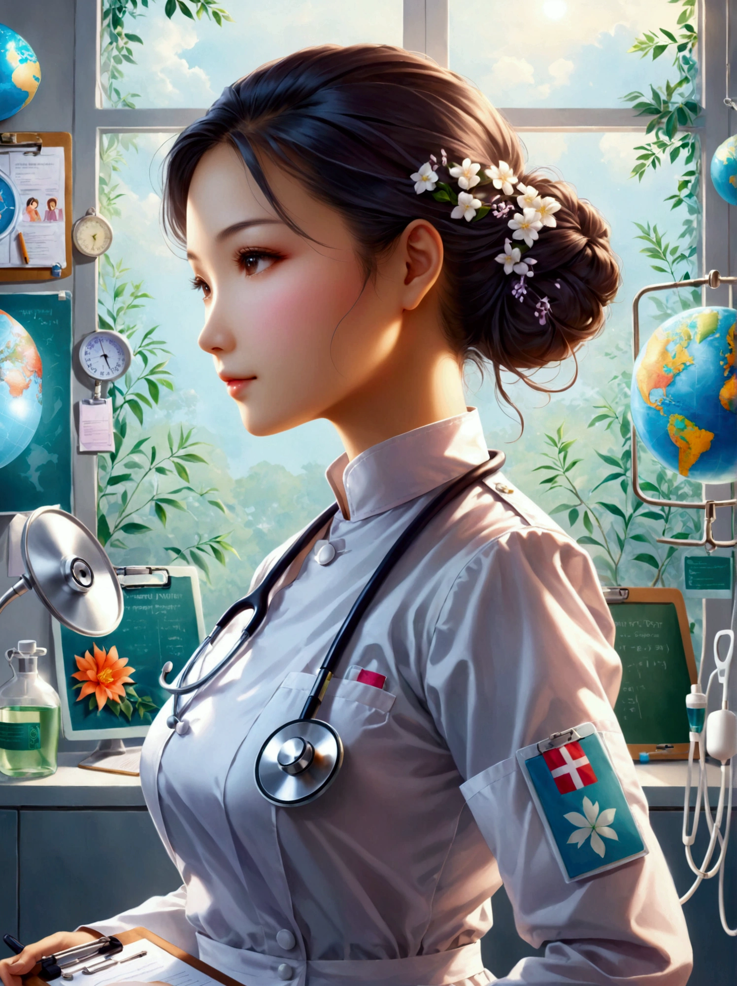 An image depicting a robotic nurse of Caucasian descent doing her duties in a typical American hospital. The robot has sleek metallic components, an advanced touchscreen interface for patient interaction, and manipulative arms to assist in a variety of tasks like administering medication, arranging beddings, and managing medical equipment. The background features common American hospital details like clean white corridors, signage in English, and various medical equipments. Even though this is a robotic figure, still she possesses a sense of empathy and dedication which are inherent traits in nursing.