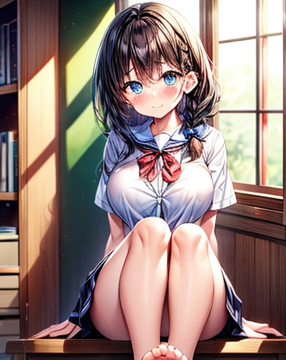 (masterpiece、Highest quality)、One Girl、length、Black Hair、blush、Bright Blue Eyes、Braid、School_uniform、short_sleeve、just_feet、Brown vest、School、window、Insights、Cute Face、Light of the sun、windowの外は青い空、Clothing ribbon、Embarrassed、stage、Large Breasts