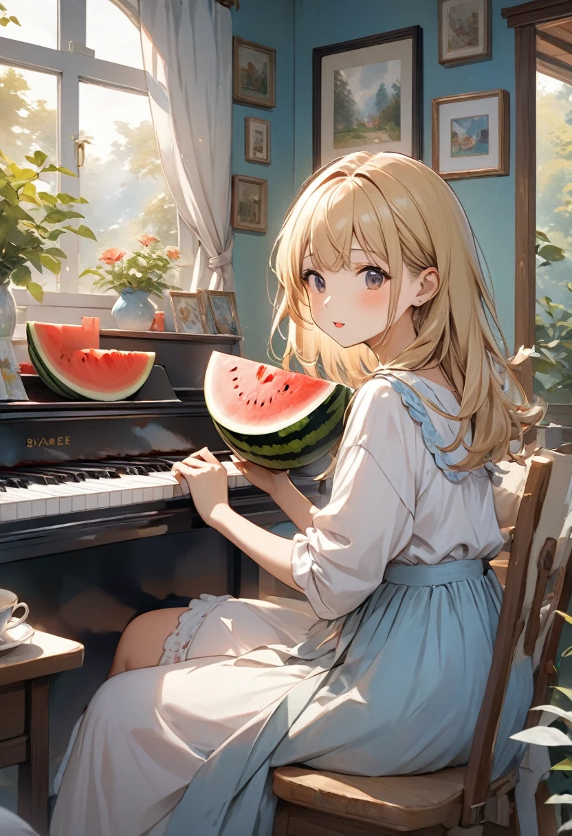 ((Highest quality)), ((masterpiece)), (detailed), ((Perfect Face)), ((Half Body)) A beautiful blonde girl is eating watermelon, In a cozy house surrounded by a quiet forest々Engage in activities. Capturing moments from her daily life, Paintings etc., read, There is a guitar and a piano, Or over a cup of tea, In the quest for creativity and self-discovery, Surrounded by the warmth and comfort of a sanctuary