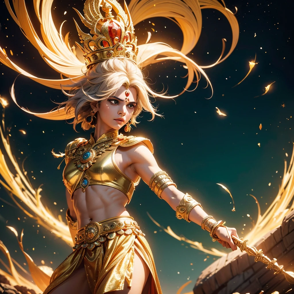 "Create an AI image of Karna from the Mahabharata. Depict him with golden armor, a regal crown, and holding the bow Vijaya. Showcase his robust physique and confident expression. Use a dramatic battlefield or royal court as the background to highlight his nobility and warrior spirit."