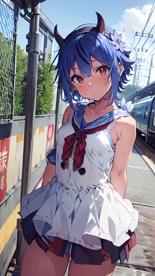 masterpiece, Highest quality, High resolution, Very detailed,(((Mikoto Naruka))), (((station)))、(((blue flower)))、(((train)))、(((Thighs are visible。)))、(((blue sky)))、(((I have an electric guitar。)))