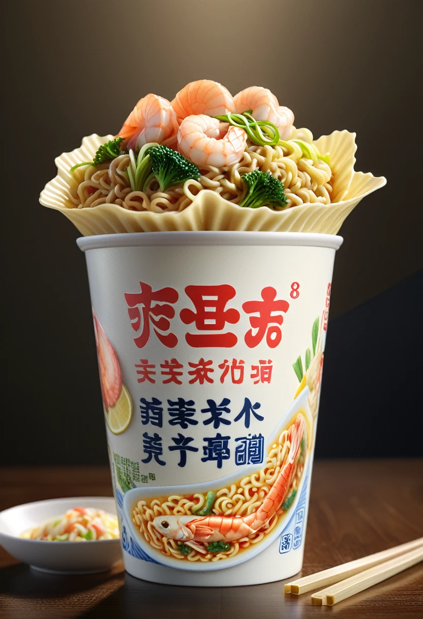 photorealistic,(Masterpiece, BestQuality:1.2), (hyperrealistic:1.1), (8k,Photorealistic:1.45), (realistic:1.4),cup noodle seafood,nissin,very delicious looking noodle,octane,3d rendering,beautiful lighting, volumetric lighting, dynamic angle, (photographic portrait), sharp,