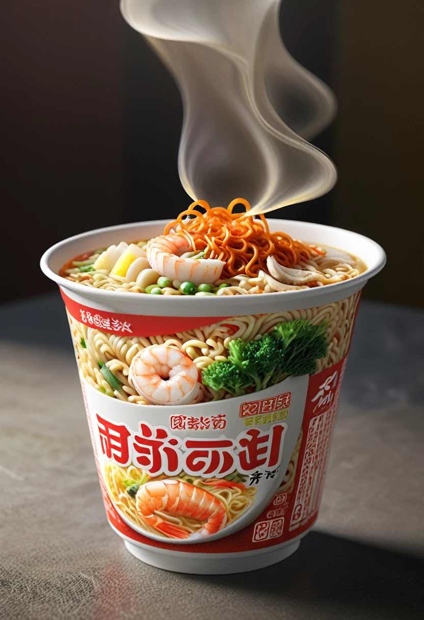 photorealistic,(Masterpiece, BestQuality:1.2), (hyperrealistic:1.1), (8k,Photorealistic:1.45), (realistic:1.4),cup noodle seafood,nissin,very delicious looking noodle,octane,3d rendering,beautiful lighting, volumetric lighting, dynamic angle, (photographic portrait), sharp,