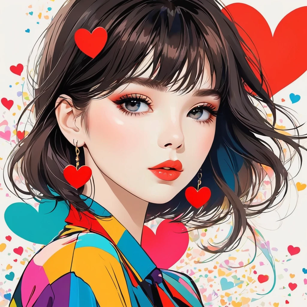 Mika Pikazo colorful style, Simple Line Initialism,Abstract art,Urban Background, (((The most beautiful girl of all time))), Sweet face. Lips in love, colorful hearts, stylish design, black eyes