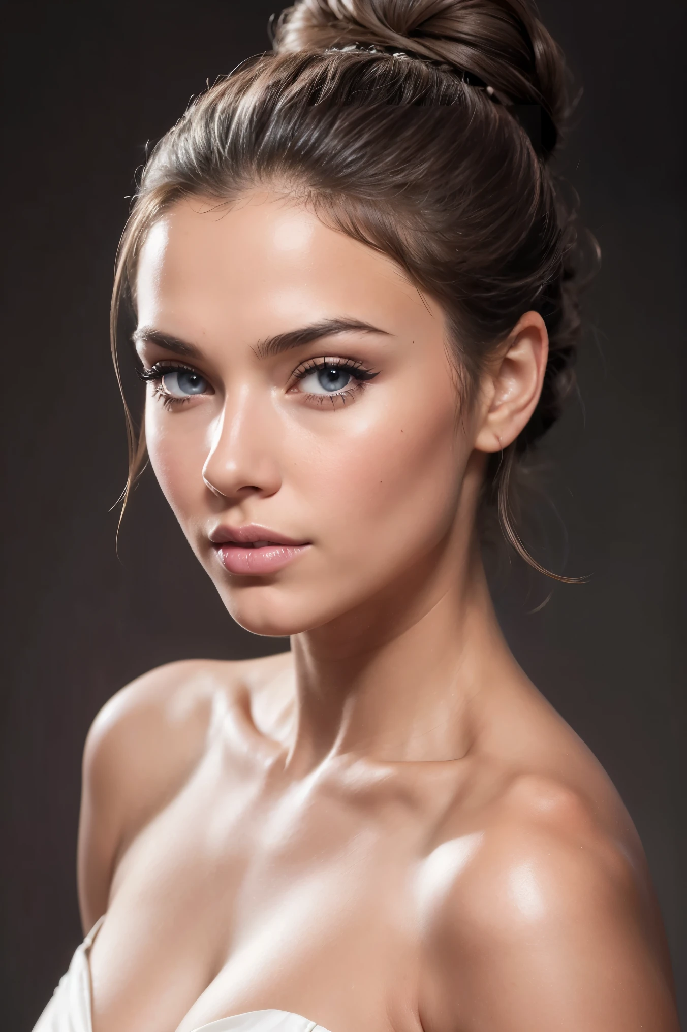 a stock beauty photo of a beautiful woman, white background, beauty photography, studio photo, portrait, hair in bun, 8k, highly detailed, photograph, commercial, realistic skin texture, Photorealistic, Ultra Detailed, 8k, DOF, 85mm prime lens, Canon EOS 5D Mark IV, blouw job, dick in mount