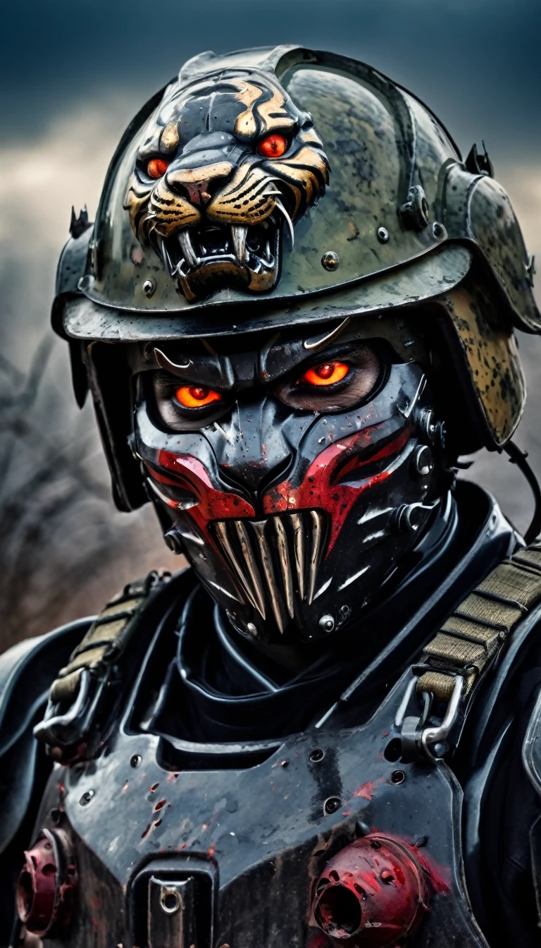 Close-up of a ((vampire-human warior)) , half human, half tiger, their faces partially obscured by military helmets. Their eyes are filled with sadness and longing. The background is a trail of blood and violence. He wears a mechanized robot armor, carved with animal elements, human skulls. The sky is filled with swirling, fiery clouds. The photo conveys a strong sense of the warrior's appearance.