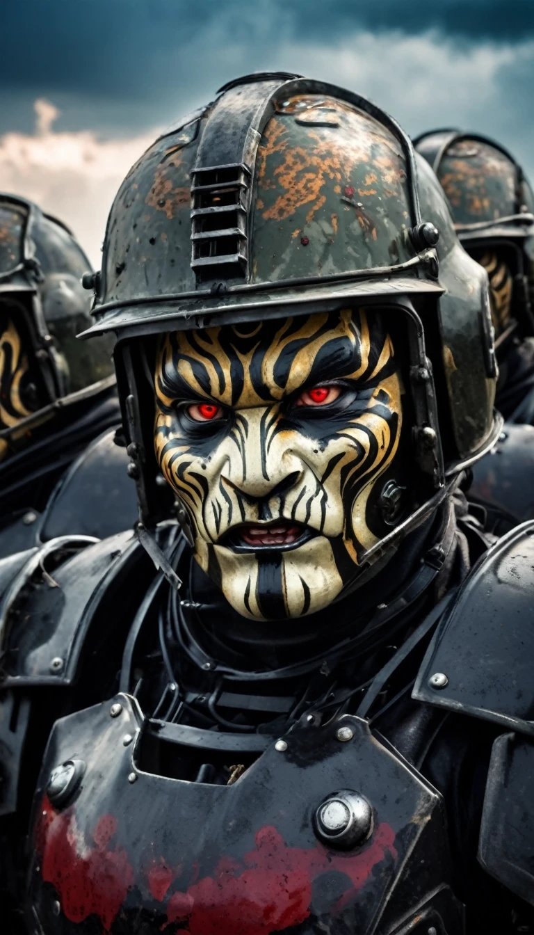 Close-up of a ((vampire-human warior)) , half human, half tiger, their faces partially obscured by military helmets. Their eyes are filled with sadness and longing. The background is a trail of blood and violence. He wears a mechanized robot armor, carved with animal elements, human skulls. The sky is filled with swirling, fiery clouds. The photo conveys a strong sense of the warrior's appearance.