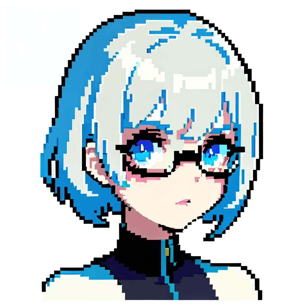 (masterpiece,top Quality, best Quality),pixel, pixel art, engineer, cyberpunk, Close-up of the head, white hair, eye glass, short detailed hair, Colorful background, Radial lines
