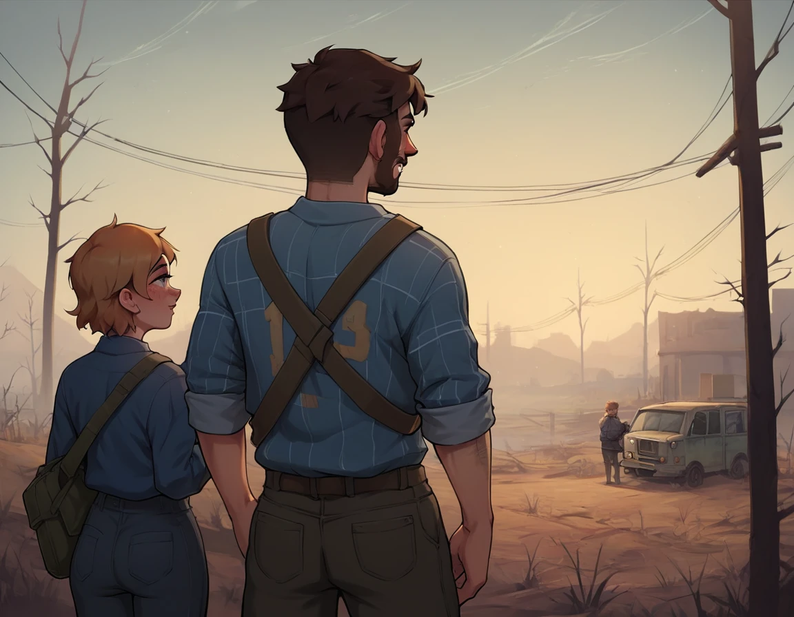 (Best quality:0.8) perfect frame from anime, wasteland robbers, 1 brown-haired boy and 3 different girls