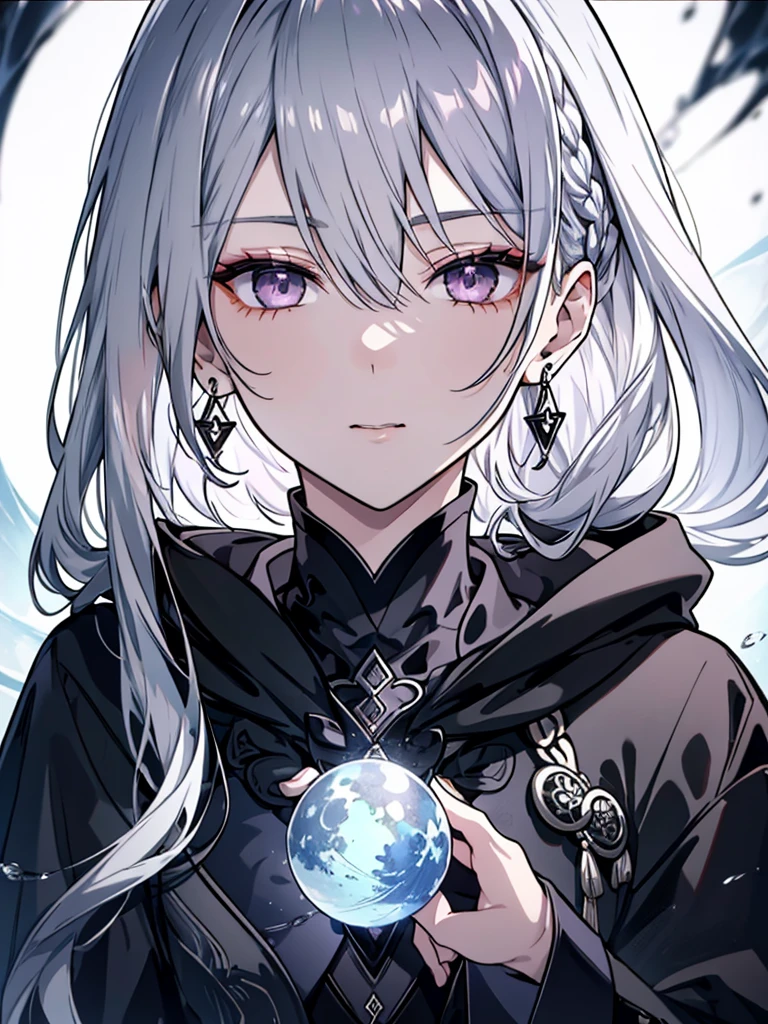 8k,High resolution RAW color art,Anime Art, (((Very detailed and cool))), Detailed skin, Blur、texture,(Exquisitely crafted, The finer details, Ultra-detailed art), (((One boy))), Depth of written boundary, Silky Touch, Hyper Detail, (((Cool face))), eye shadow、Silver Marble Skin, Beautifully detailed purple eyes, Beautiful lip detail, Very delicate face, Delicate depiction of hair and eyes, Detailed Fashion, Silver earrings,Silver Bracelet、Full body depiction, Black high neck、black waist cloak、 A little bit of grey hair、Semi-long hair、(((Hair)))、water surface、silk clotheatte、Soft clothes、cool、Food、Wear warm clothes、Orb