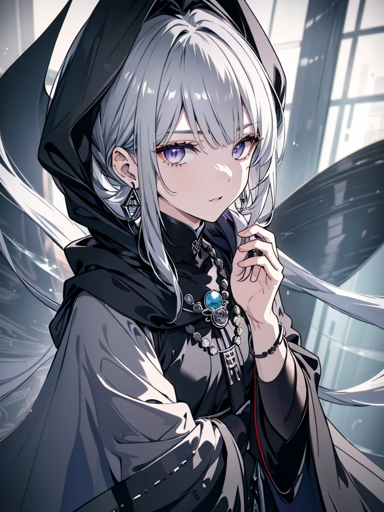 8k,High resolution RAW color art,Anime Art, (((Very detailed and cool))), Detailed skin, Blur、texture,(Exquisitely crafted, The finer details, Ultra-detailed art), (((One boy))), Depth of written boundary, Silky Touch, Hyper Detail, (((Cool face))), eye shadow、Silver Marble Skin, Beautifully detailed purple eyes, Beautiful lip detail, Very delicate face, Delicate depiction of hair and eyes, Detailed Fashion, Silver earrings,Silver Bracelet、Full body depiction, Black high neck、black waist cloak、 A little bit of grey hair、Semi-long hair、(((Hair)))、water surface、silk clotheatte、Soft clothes、cool、Food、Wear warm clothes、Orb