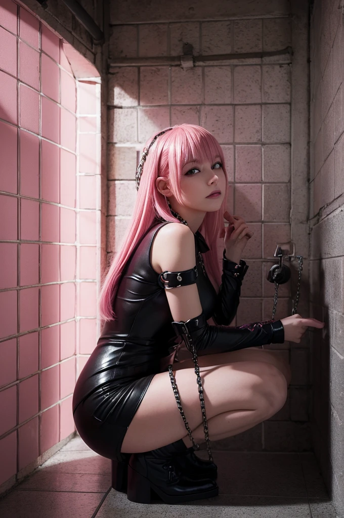 Woman with pink hair, beautiful succubus, sitting in a dark prison cell, fetish, anime girl squatting, medium gargoyle soft light, chain, seen from below, in the bathroom, magic spell icon, sfw version, praise, suki, net,