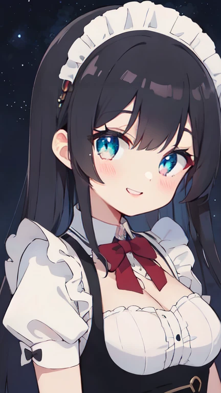 Long black hair anime girl wearing maid headband, A shy smile, Large Breasts, Edwardian maid, Anime Style 4k, Beautiful anime portraits, Anime Moe Art Style, anime art wallpaper 4k, anime art wallpaper 4k, High quality anime art style, Anime style portrait, Gweitz, artwork in the style of Gweitz, Detailed digital anime art, Anime Art Wallpapers 8K, Cute Anime Girl Portrait, Moonlit Night, whole body