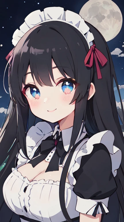 Long black hair anime girl wearing maid headband, A shy smile, Large Breasts, Edwardian maid, Anime Style 4k, Beautiful anime portraits, Anime Moe Art Style, anime art wallpaper 4k, anime art wallpaper 4k, High quality anime art style, Anime style portrait, Gweitz, artwork in the style of Gweitz, Detailed digital anime art, Anime Art Wallpapers 8K, Cute Anime Girl Portrait, Moonlit Night, whole body