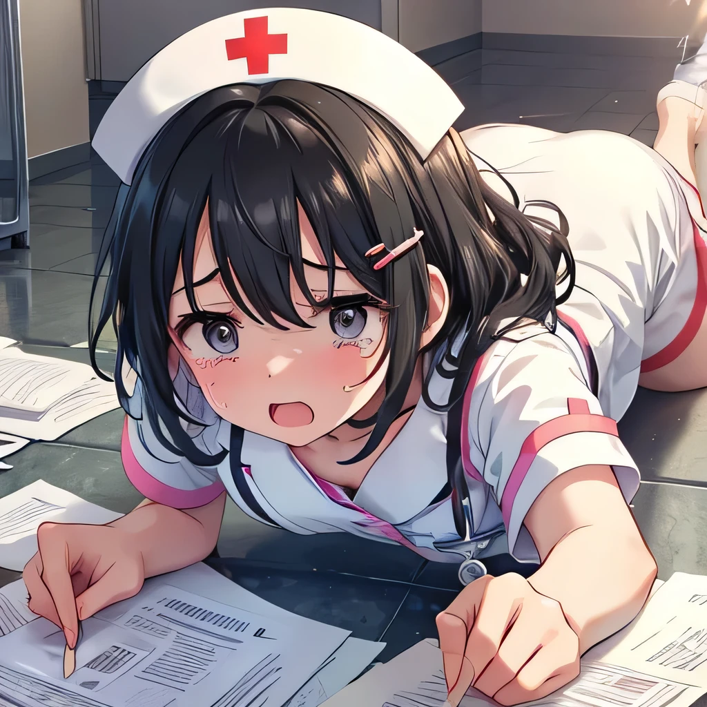 Cute nurse dives horizontally onto hospital floor,Exaggerated crying face,Black Hair,Hairstyles summarized,Pop angel mark hair clip,Vigorous movement,Scattered documents,Scattered documents,Papers flying in the air