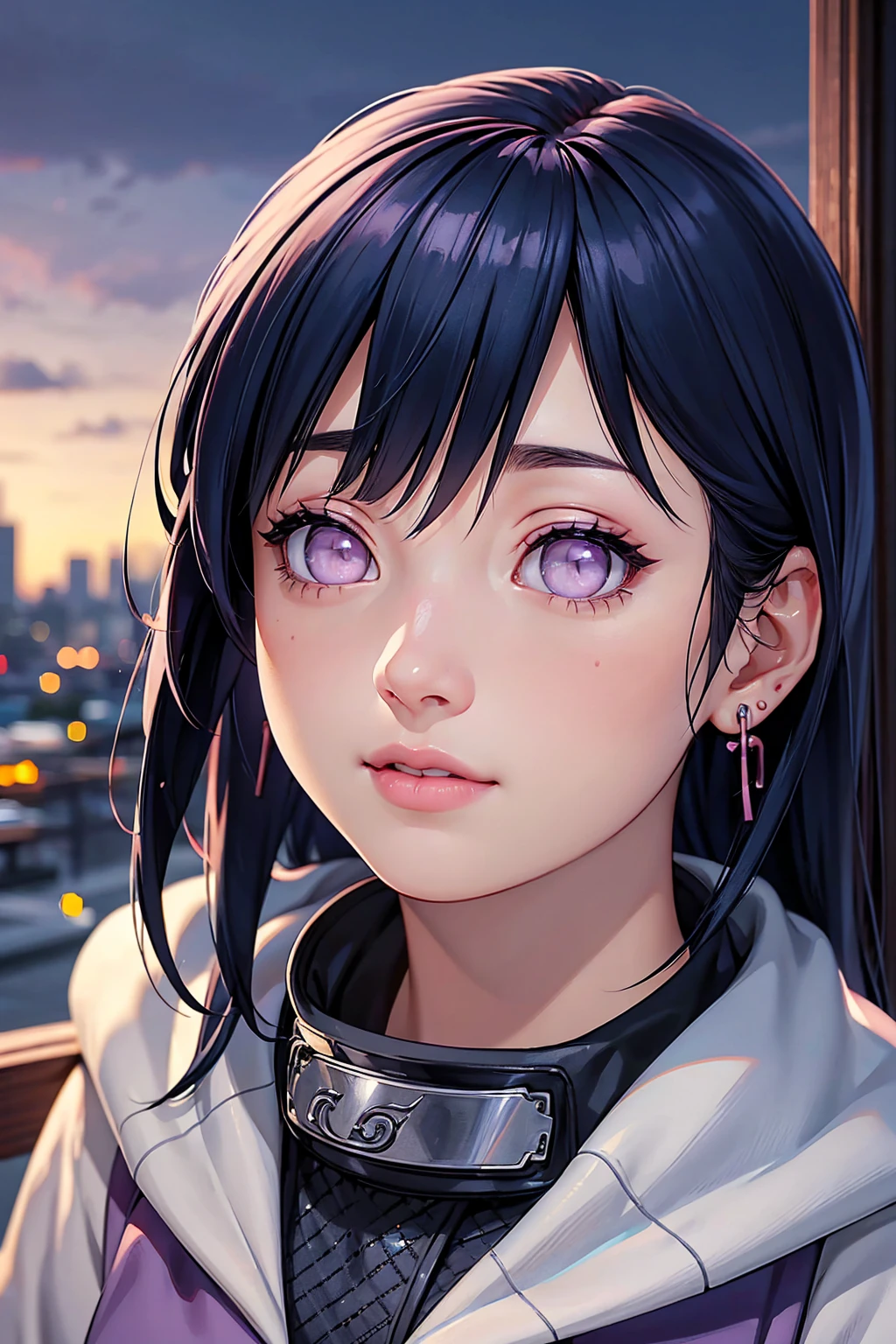High details:1.9, high resolution, Natural strokes and colors, natural lighting, face detailed, detailed hair, eye detailed, detailed nose, detailed lips, detailed hands. an adult and beautiful girl:1.9. wearing earrings. with pink lips. A city at night. With straight blue hair. with clear purple eyes. hyuuga hinata