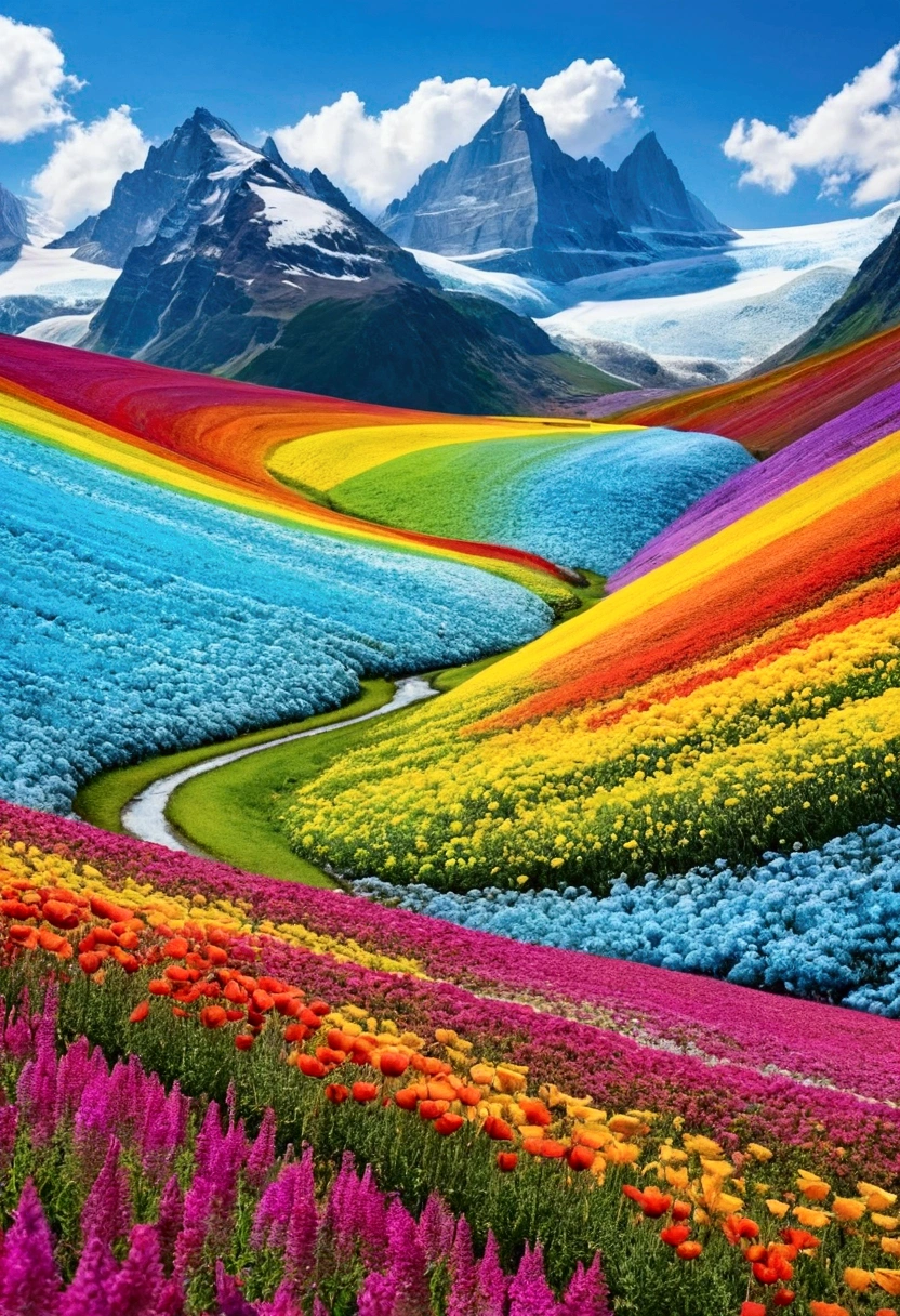 Glacial Flower Field，colorful，Different world，Illusion，Overall bright atmosphere，rainbow，High-definition, detailed depiction，Masterpiece．