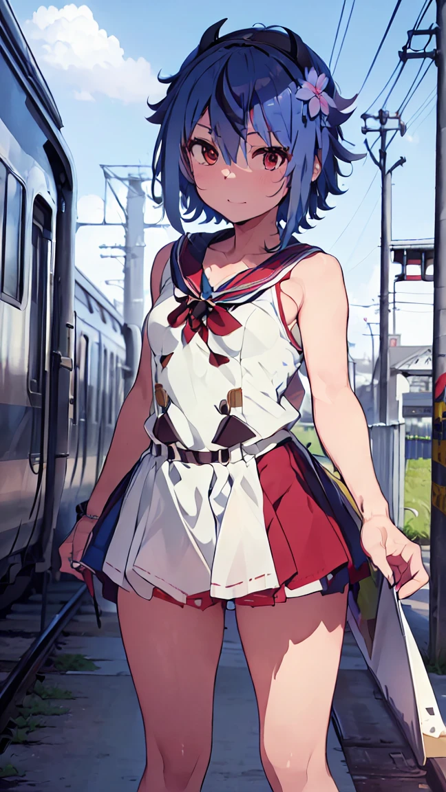 masterpiece, Highest quality, High resolution, Very detailed,(((Mikoto Naruka))), (((station)))、(((blue flower)))、(((train)))、(((Thighs are visible。)))、(((blue sky)))、(((I have an electric guitar。)))