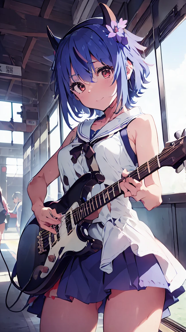 masterpiece, Highest quality, High resolution, Very detailed,(((Mikoto Naruka))), (((station)))、(((blue flower)))、(((train)))、(((Thighs are visible。)))、(((blue sky)))、(((I have an electric guitar。)))