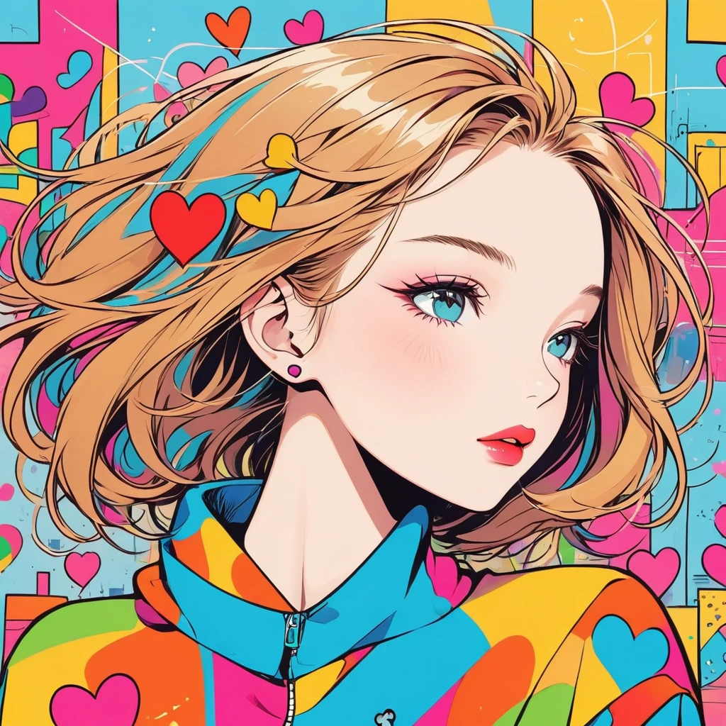 Keith Haring colorful style, Simple Line Initialism,Abstract art,Urban Background, (((The most beautiful girl of all time))), Sweet face. Lips in love, colorful hearts, stylish design