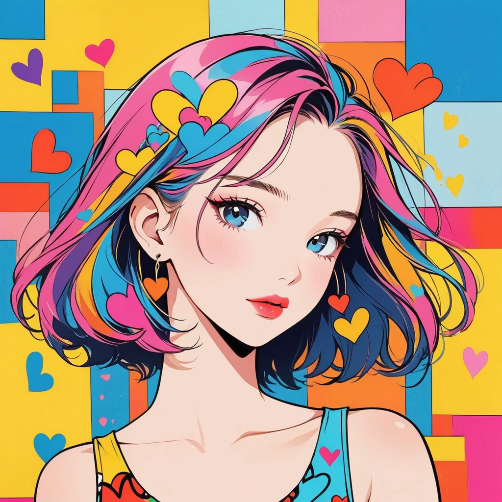 Keith Haring colorful style, Simple Line Initialism,Abstract art,Urban Background, (((The most beautiful girl of all time))), Sweet face. Lips in love, colorful hearts, stylish design