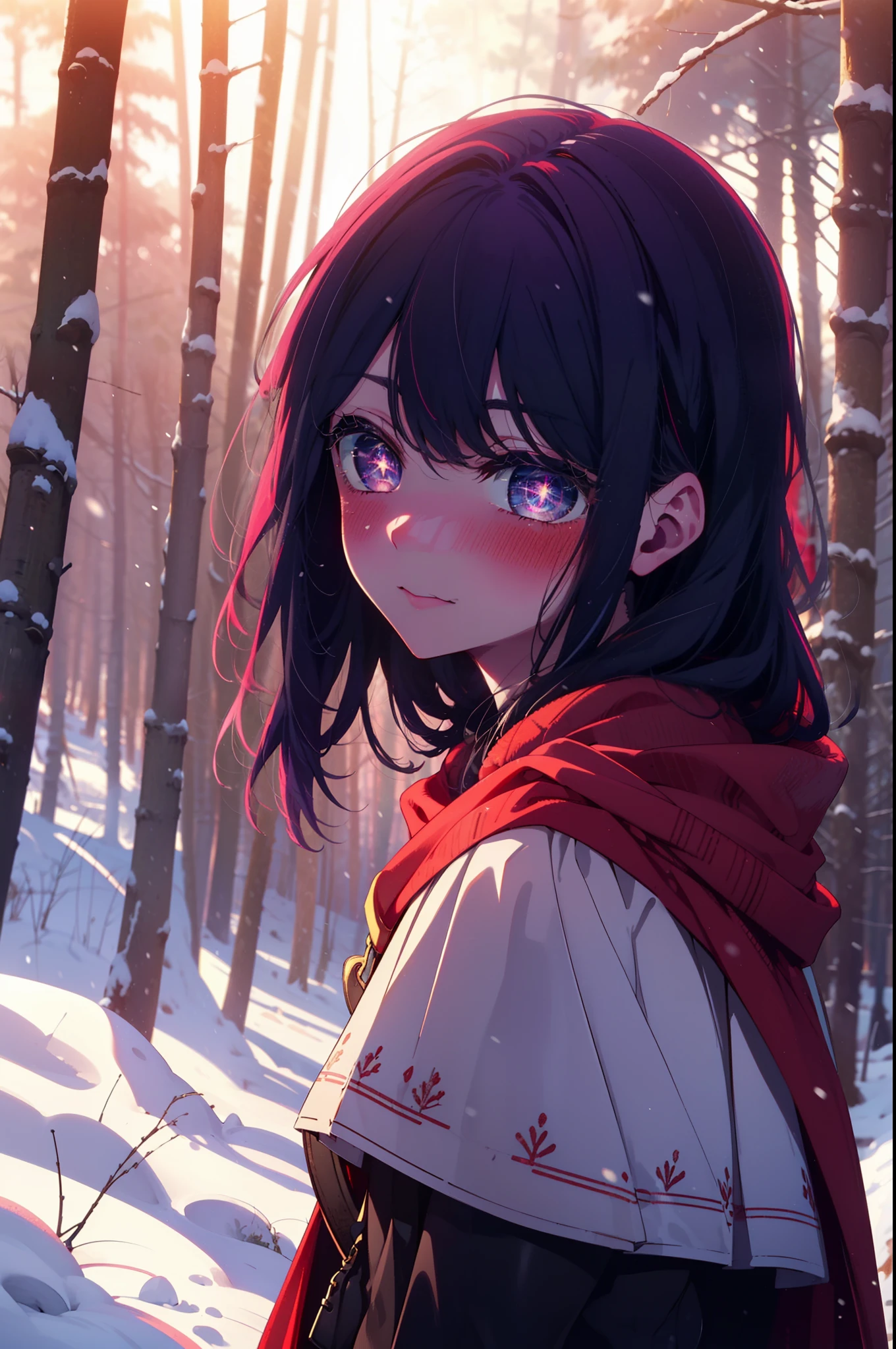 aihoshino, Ai Hoshino, Long Hair, bangs, (Purple eyes:1.1), Purple Hair, (Symbol-shaped pupil:1.5), smile,,smile,blush,white breath,
Open your mouth,snow,Ground bonfire, Outdoor, boots, snowing, From the side, wood, suitcase, Cape, Blurred, , forest, White handbag, nature, Squat, Mouth closed, Cape, winter, Written boundary depth, Black shoes, red Cape break looking at viewer, Upper Body, whole body, break Outdoor, forest, nature, break (masterpiece:1.2), Highest quality, High resolution, unity 8k wallpaper, (shape:0.8), (Beautiful and beautiful eyes:1.6), Highly detailed face, Perfect lighting, Extremely detailed CG, (Perfect hands, Perfect Anatomy),