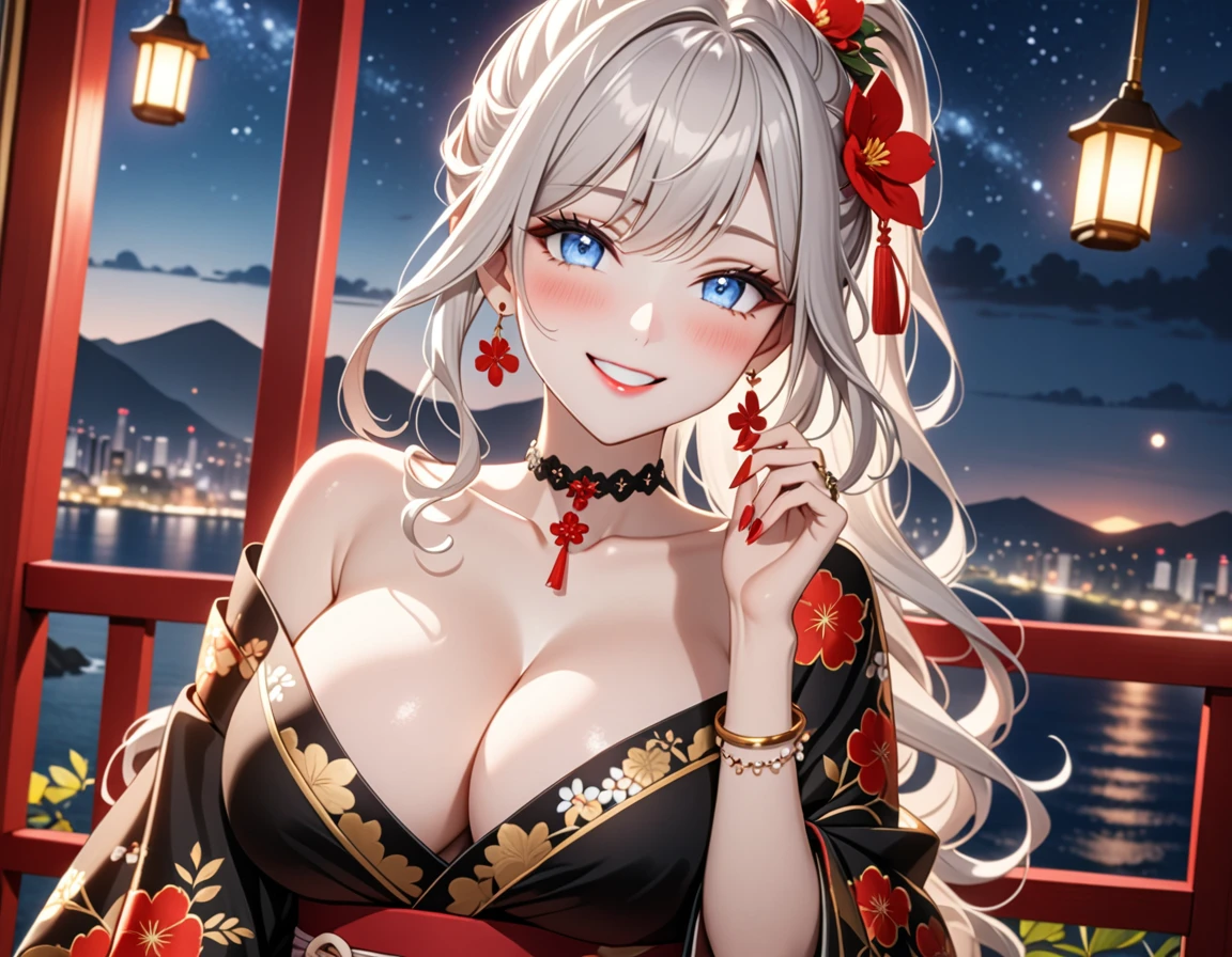 ultra-detailed, ((one girl)), (pale skin:1.5),  fair-skinned gyaru, ((Girl in black kimono)),  (heavy makeup), (professional lighting), hyper detailed, absurdres, 8k, Beautiful Face, (Laugh shyly), ((teasing smile:1.2)), ((happy smile:1.4)),  ((Wink:1.4)), (Laugh with your mouth wide open),((Tilt your face:1.6)), View your viewers, ((full-face blush:1.4)), Glossy Red Lips, ((huge breasts:1.6)),  ((She is undressed up to her shoulders, highlighting her cleavage.)), ((Her tattoo peeked through her kimono)), summer, night,Observatory with a view of the sea, ((Anime style background)),masterpiece, Highest quality, so beautiful,Latest, Complex details, ((red long nail:1.2)), (ring),(bracelet), (Floral Choker),AI-generated, Complex,High resolution, Highest quality, super high quality,3D Images、3D Images,One person, (Silver White hair),Long Hair, (White high ponytail), (wavy hair:1.3)), Anime woman posing for a photo, ((Eyes with detailed pupils、blue eyes、glowing eyes:1.3)), (Squint your eyes:1.1),a hyperRealistic , hyperRealistic , Realistic,Anime woman with long white hair, Smooth anime CG art, ((A girl in a gorgeous black kimono:1.2)), ((black furisode:1.3)),Gold embroidery, (Large floral pattern in red color),  (sideboob), (Long red flower hair ornament),(big floral earrings), Mature Body, tall,Narrow waist, ((dutch angle:1.2)), ((model posing)), (extreme close-up shot), 